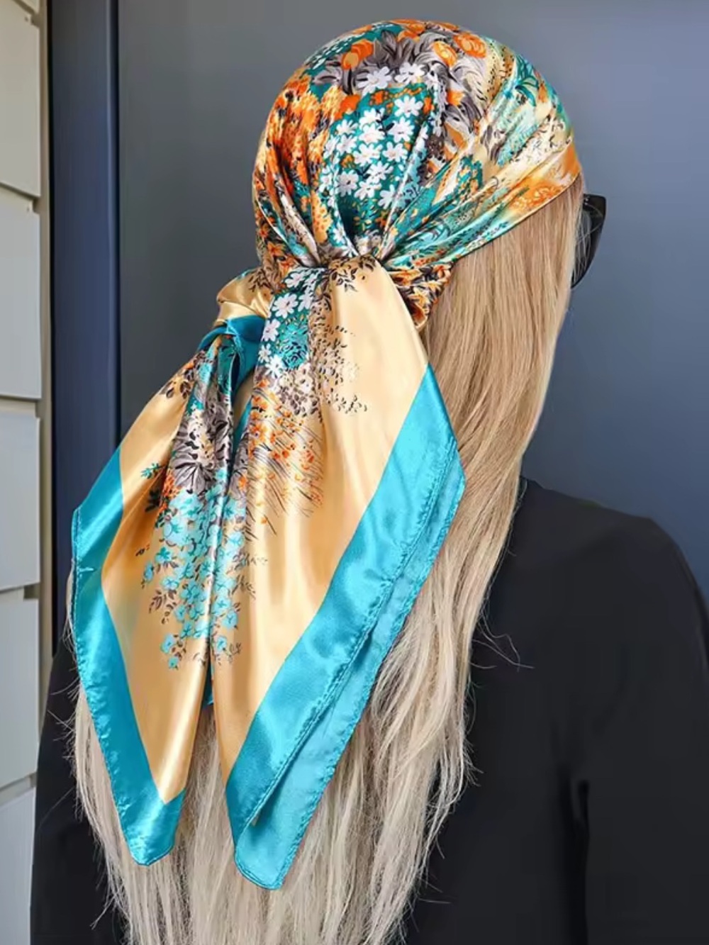 Silky Floral Headscarf in Teal and Gold